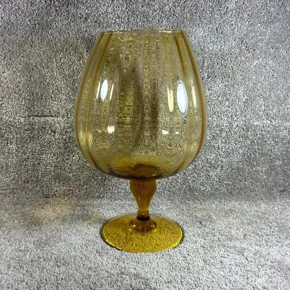 Brandy Snifter Vase Amber Optic Ribbed Glass Pedestal Scalloped Rim 9.5in